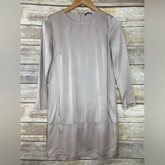 Theory Maiba Bright Satin Dress Womens 2 Silver Dropped Waist Back Zip Pockets - Picture 2 of 8